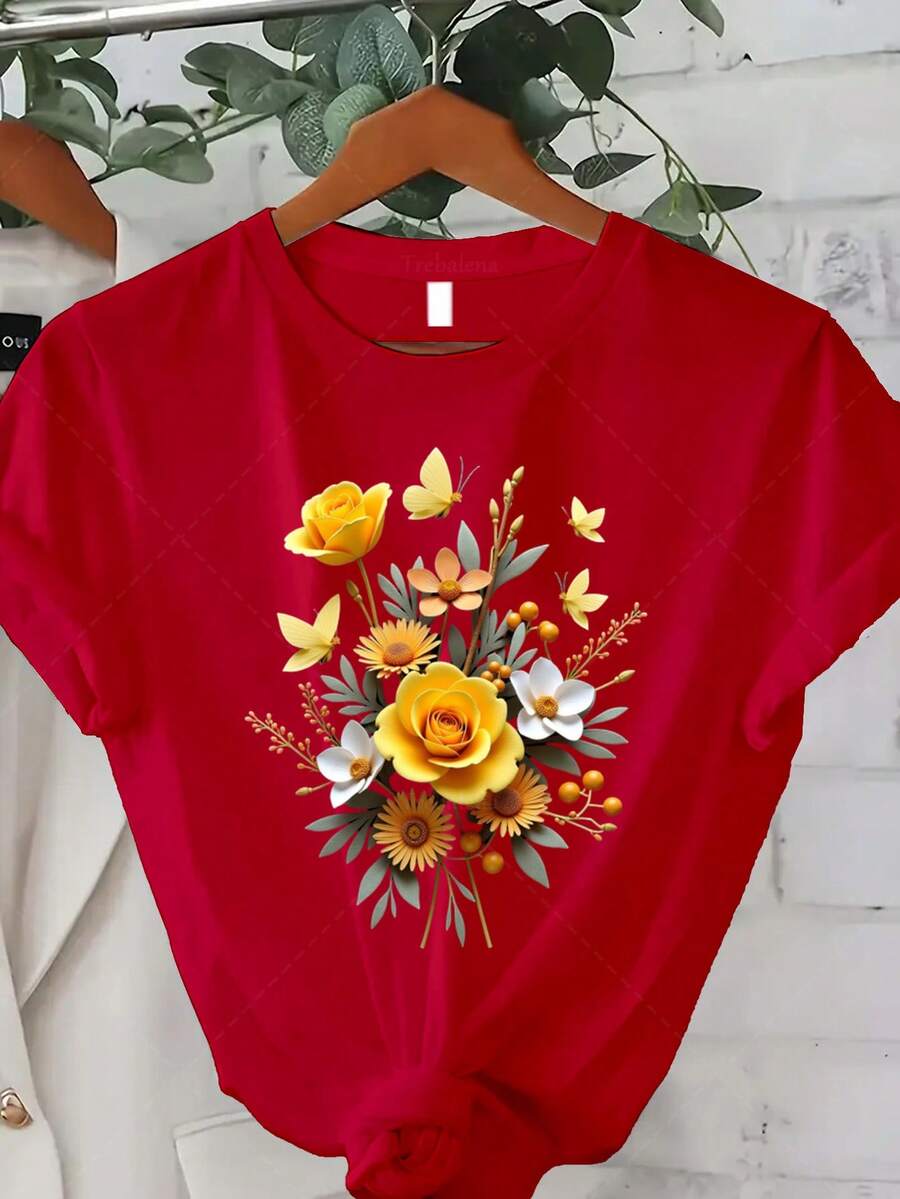 Classic Plus Size Women's Clothing, Yellow Rose And Butterfly Print T-Shirt - Short Sleeve, Round Neck, Casual Style, Suitable For Spring, Summer And Autumn, Machine Washable And Comfortable, Perfect As A Gift For Christmas, Thanksgiving And New Year (Digital Print) Best Seller. - 紅色 - 查看 1