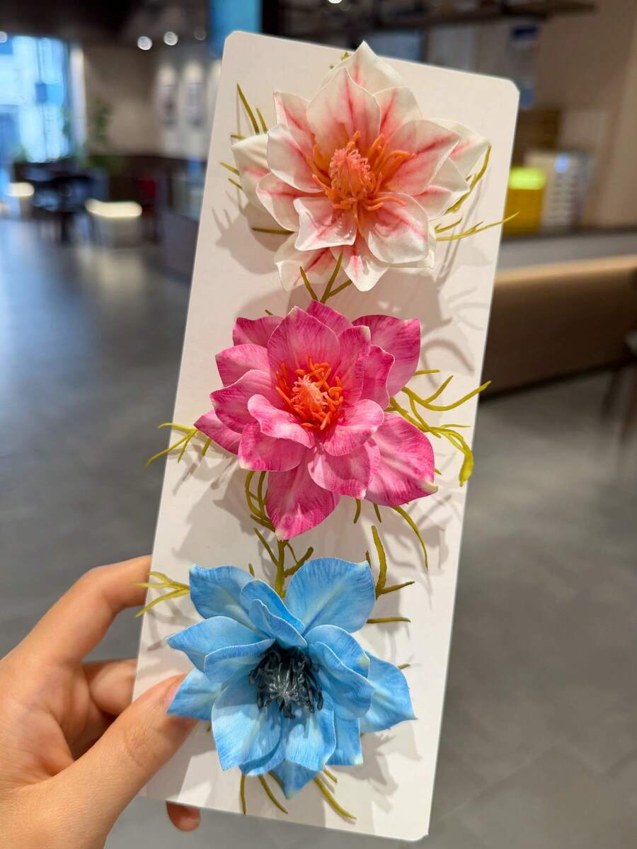 3个新款柔软蜻蜓茉莉仿真花发夹,可爱度假风鳄鱼夹,不伤发,编发及侧边发型配饰,适合海滩拍照、约会、伴娘造型,多功能氛围营造发饰 - 彩色 - 查看 1