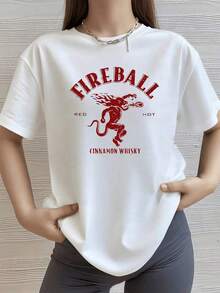 playeras de algodón mujer 1pscFigura de criatura mítica envuelta en fuego simbolizando pasión energía y rebeldía con letras rojas que evocan la intensidad del licor ardiente camiseta de mujer blanca casual moderna100%cotton ropa de mujer  Daily home top - Blanco - Ver 7