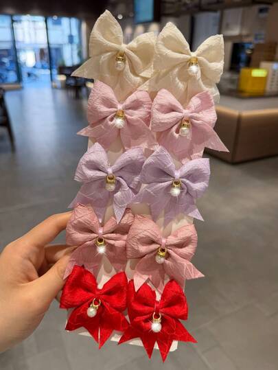 10pcs/Pack Cute Pearl Bowknot Hair Clips, Daily Use Bangs Side Hair Accessories For Girls