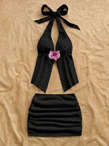 x Eduarda Gutierrez  Set de 2 piezas con top de cuello de halter con decoración floral teñida anudada y falda plisada para mujer 0P0N - Negro - Ver 4