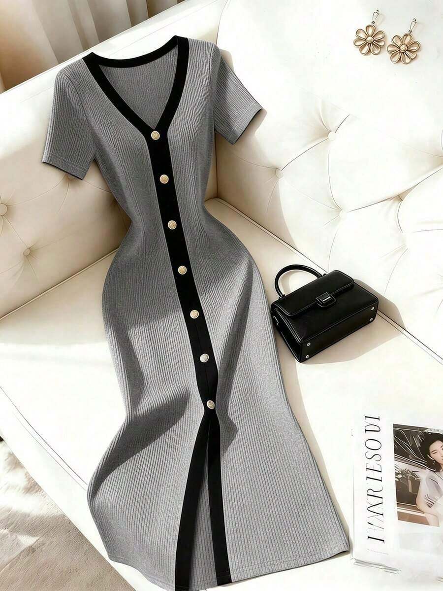 Vestido de manga corta con botones delanteros y ribete de punto, estilo elegante francés para mujer - Gris Claro - Ver 1