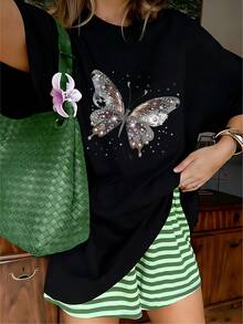 Glamorous Silver Rhinestone Butterfly Graphic T-Shirt, 100% Cotton Oversized Soft Breathable Elegant Tee, Casual Crewneck Short Sleeve Top For Parties & Fashion Lovers - 黑色 - 查看 1