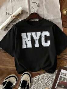 Camiseta playera T-shirt mujer cuello redondo manga corta estampado grafico nombres de ciudades NYC NEW YORK CITY estilo americano diseño urbano moderno cuello redondo manga corta primavera verano uso diario(Retro style, casual style, unisex)(Retro style, casual style, unisex) - Negro - Ver 1