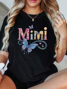 Camiseta de Verano para Mujer, Casual, 1 Pieza, con Letras y Gráficos Coloridos "MIMI", Camiseta Novedosa 100% Poliéster, Cuello Redondo, Estilo Casual, Manga Corta, Talla Grande, Diseño Gráfico, Moda - Negro - Ver 1