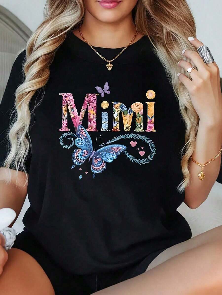 Camiseta de Verano para Mujer, Casual, 1 Pieza, con Letras y Gráficos Coloridos "MIMI", Camiseta Novedosa 100% Poliéster, Cuello Redondo, Estilo Casual, Manga Corta, Talla Grande, Diseño Gráfico, Moda - Negro - Ver 1