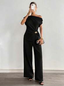 Conjunto informal de top con hombros fruncidos y decoración metálica, y pantalones de mujer de unicolor - Negro - Ver 5