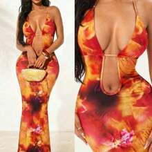 Sexy Watercolor Floral Print Dress With Backless Cutout Detail, Suitable For Dates, Gatherings, Birthday Parties, Holidays, Beach Vacations, Spring/Summer,Summer Dresses For Women - Multicolor - Ver 1