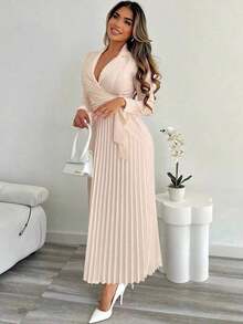 Vestido elegante de oficina y para ir al trabajo con cintura ceñida, estilo de vestido de camisa abotonada y plisada para bodas y eventos, otoño/invierno - Caqui - Ver 6