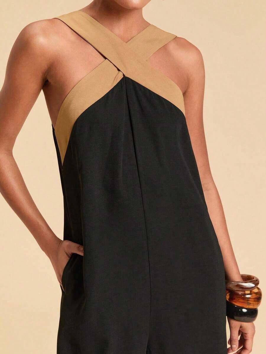 Mono minimalista de uso diario con diseño cruzado de color contrastante para mujer - Negro - Ver 1