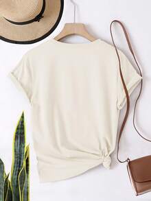 Women's Modern, Casual T-Shirt, Perfect For Parties And Lounging At Home. 100% Cotton, Loose Fit. Short-Sleeved Round-Neck T-Shirt With A Meditation Print. 100% Cotton - 杏色 - 查看 2