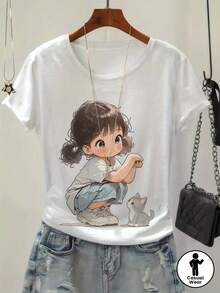 Camiseta de mujer moderna, informal, para fiestas y para estar en casa, 100% algodón, corte holgado. Camiseta Casual de Manga Corta con Cuello Redondo para Mujer - Estampado Gráfico de Dibujos Animados y Gatos, Transpirable para Primavera y Verano, Lavable a Máquina, Ropa Casual, Camiseta de Verano, Corte Relajado, Tela Suave 100% Algodón - Blanco - Ver 2