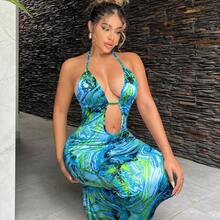 Sexy Watercolor Floral Print Dress With Backless Cutout Detail, Suitable For Dates, Gatherings, Birthday Parties, Holidays, Beach Vacations, Spring/Summer,Summer Dresses For Women - Marrón - Ver 6