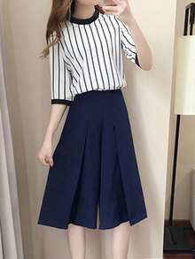 Juego de dos piezas para mujeres Conjunto de pantalones acampanados tres cuartos para mujer, nuevo estilo de moda de otoño, versión coreana, holgado y casual, conjunto de dos piezas con manga corta - Blanco - Ver 5