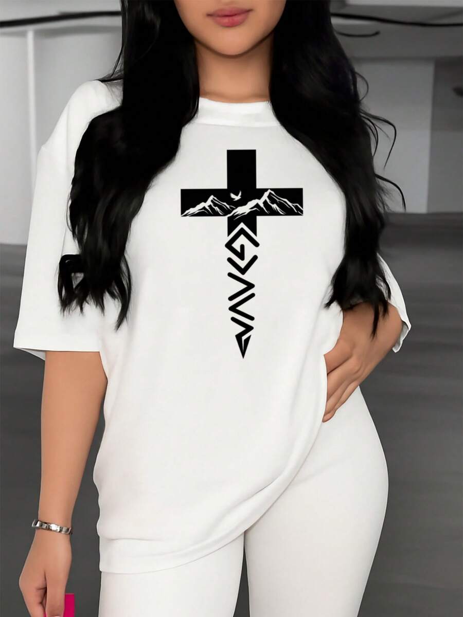 Classic Easter Print T-Shirt, Minimalist Bird On Snowy Mountain Design | Regular Length, Casual Short Sleeves, Crew Neck, Suitable For Shopping, Everyday Outings, A Must-Have For Autumn And Winter. A Bestseller. - 白色 - 查看 1
