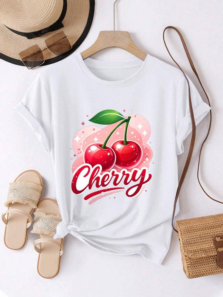 Women's T-Shirt, Comfortable And Casual, Short Sleeve And Round Neck, With Cherry Print, Bright Red Fruit With Green Leaves, Cheerful And Cute, Regular Length, Suitable For All Seasons, Everyday Fashion, Ideal For Women's Spring And Summer Clothing. - 白色 - 查看 1