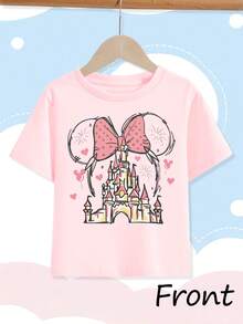 Disney Girls' Short Sleeved T-ShirtCute Disney Style Men's T-Shirt With Minnie Mouse And Castle Design For Summer Wear Perfect Gift For Disney Fans - 粉色 - 查看 2