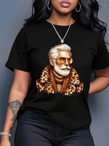 Plus Size Women's Loose Fit T-Shirt - Casual Printed White Blouse, Breathable Summer Shirt For Everyday Wear At Home Or Out, Machine Washable Women's Clothing. - 黑色 - 查看 8