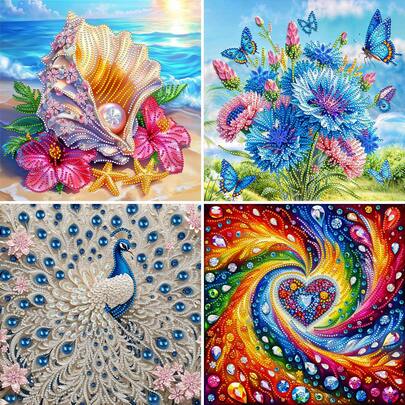 1pc 5D DIY Diamond Painting Kit, Size 30x30cm, Featuring Peacock, Daisy, Seashell And Rainbow Heart Patterns, 5D DIY Handmade Crystal Diamond Mosaic Art, Suitable For Home Decor, Handmade Gifts, DIY Hobbyists, And Gifts For Friends On Holidays And Birthdays. Frameless