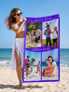 1 Piece Of Customizable Vacation Photo Beach Scarf - Available In Multiple Colors, Text And Photo Customization, Soft Polyester Blended Fabric, Quick-Dry And Sand-Resistant, Rectangular Pool/Beach Scarf, Printed With Bright Swimwear Patterns - Ideal Personalized Vacation Gift - Multicolor - View 4