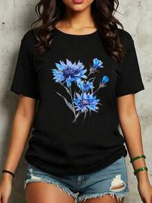 Playera Oversize Mujer "Flores de Aciano Azules" - Negra con Estampado Floral Acuarela B0IO - Negro - Ver 6