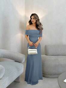 Vestido de mujer con escote ilusión descubierto de hombros y cintura fruncida, elegante para bodas y citas - Azul - Ver 1