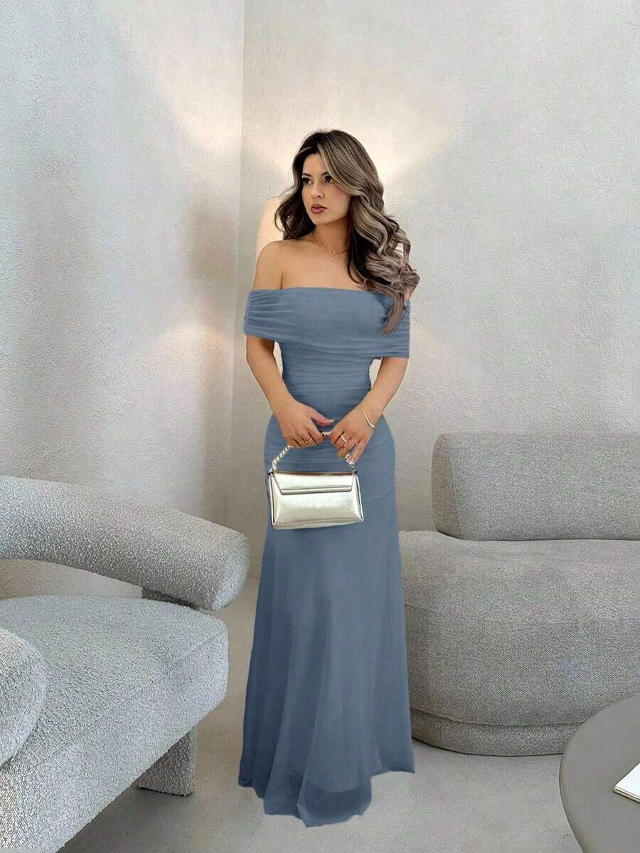 Vestido de mujer con escote ilusión descubierto de hombros y cintura fruncida, elegante para bodas y citas - Azul - Ver 1