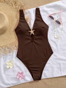 Traje de baño de una sola pieza para mujer, diseño de cortes circulares con cruce de bandas y decoración de estrellas de mar metálica, que proporciona control de abdomen - Marrón Chocolate - Ver 1