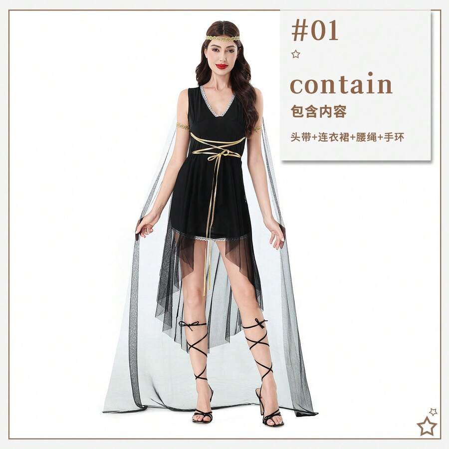 Greek Goddess Medieval Dress Halloween Costume Dress Cleopatra Athena Roman Performance Costume - Black: Four-piece Set - View 1