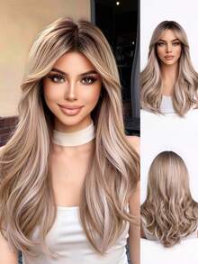16-Inch Ombre Ash Blonde Long Wavy Wig With Curtain Bangs, Heat-Resistant Synthetic Hair, Natural Looking Full Headpiece For Women, Daily Party Cosplay - Blonde Ombre - View 12