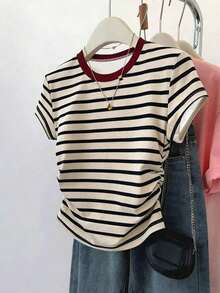 Camiseta gráfica casual a rayas para mujer, con cintura fruncida ajustada, versátil para el verano, de vuelta al colegio, uso diario, fiesta, cita, con un diseño que capta mucha atención - Multicolor 7 - Ver 1