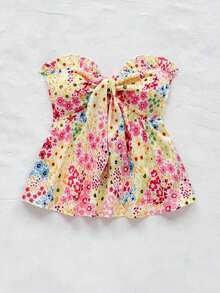 Parte superior corta de tubo con estampado floral romántico y volantes, lazo delantero, detalle de lazo, dobladillo con volante en A, para vacaciones, Día de San Valentín, boda, ropa de mujer para vacaciones de San Valentín, cumpleaños de mujer, verano para mujer - Multicolor - Ver 6