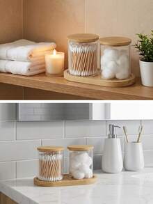 10oz Cotton Swab/Cotton Ball/Cotton Pad Storage Jar (1/2/3pcs Set) - Apothecary Style Cotton Swab Storage Bottle With Bamboo Lid | Transparent Bathroom Organizer Container - Multicolor - View 2