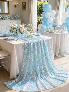 1pc Light Blue Mermaid Sequin Table Runner, Polyester Rectangular Shiny Tablecloth, Birthday Wedding Party Decor, Baby Shower Decor, Home Decor, Mermaid Theme Party Decor, Birthday Party Supplies, Underwater Theme Birthday Party, Dining Table Decor - Blue - View 1