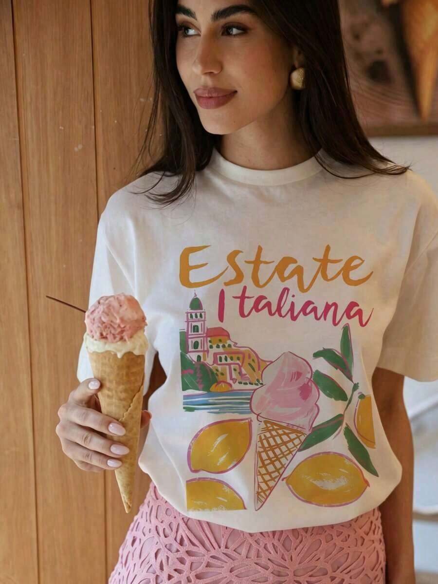 Nueva Colección 2026: Camiseta de Algodón para Mujer, Diseño Gráfico Estilo Italiano, Cuello Redondo Casual, Hombros Caídos, Manga Corta, Top de Moda de Verano para Viajes, Algodón Ligero - Blanco - Ver 1