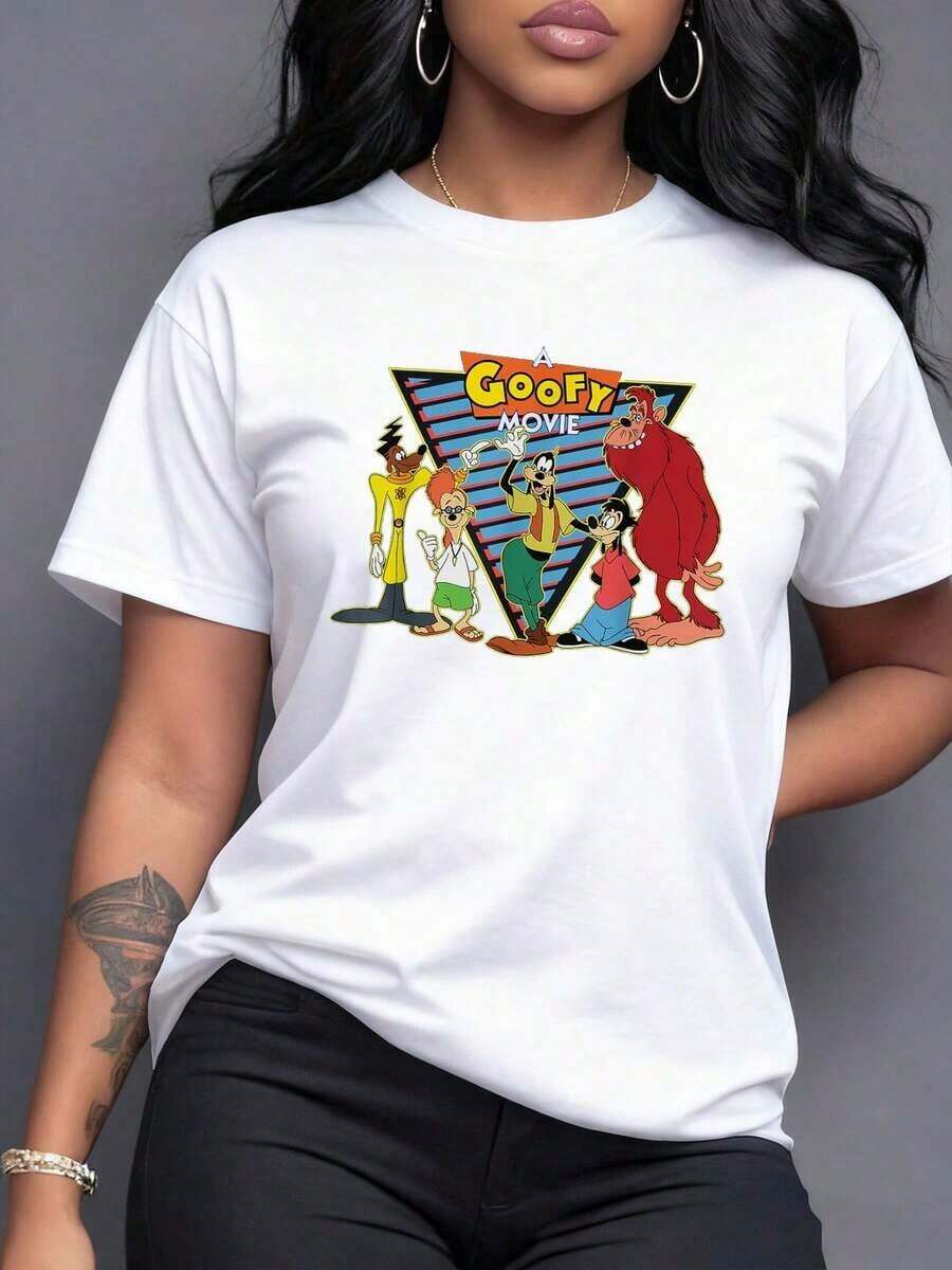 Grupo de personajes caricaturescos reunidos con fondo geométrico colorido que transmite alegría y energía divertida camiseta para mujer casual de manga corta cómoda y moderna,Camiseta de mujer elegante. - Blanco - Ver 1