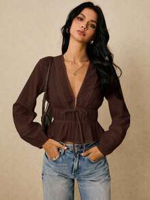 Camisa casual de mujer de unicolor con cuello en V y detalle de nudo en la parte delantera, de manga larga - Café integral - Ver 10