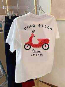 Camisa de manga corta con estampado frontal y trasero - Ciao Bella, estampado de moda romana - Camisa estampada de primavera/verano para mujer, artículo de moda hecho de algodón - TAYZI ZDKR - Blanco - Ver 2