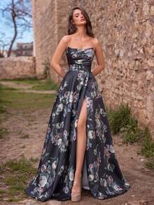 Faeriesty Elegant Strapless Floral Print Maxi Dress, High Slit Design, Backless Tie, A-Line Flowy Skirt, Suitable For Wedding Guest, Formal Photoshoot, Romantic Evening, Garden Party, And Bridal Shoot Vacation Spring Black - Black - View 5