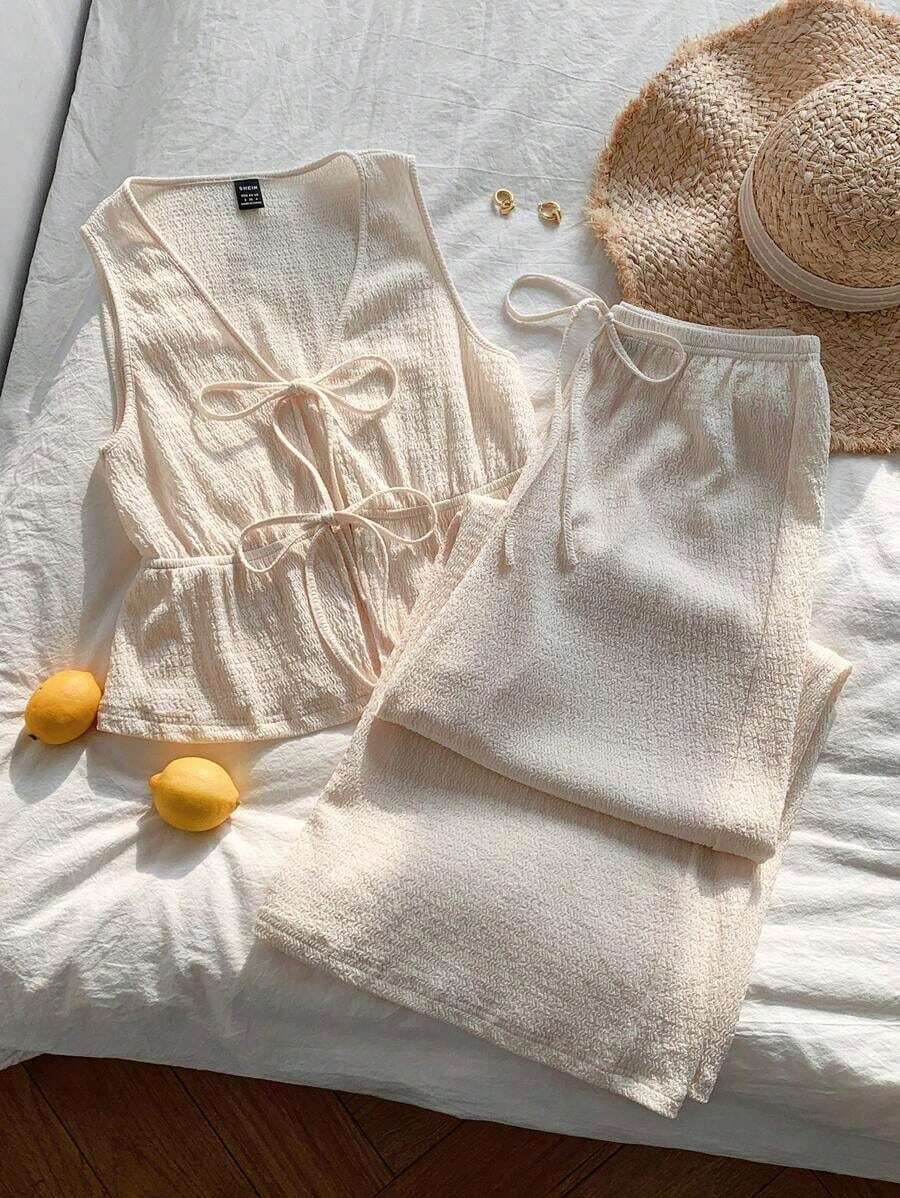 Nuevo conjunto de 2 piezas, textura de punto, lazo al frente, tela cómoda, adecuado para vacaciones en la playa o en la isla - Albaricoque - Ver 1