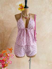 Conjunto de 2 piezas de vacaciones para mujer, top de tirantes con escote en V con textura rojo y shorts sueltos extremadamente cortos, adecuado para citas, fiestas y paseos por la ciudad - Rosa - Ver 3