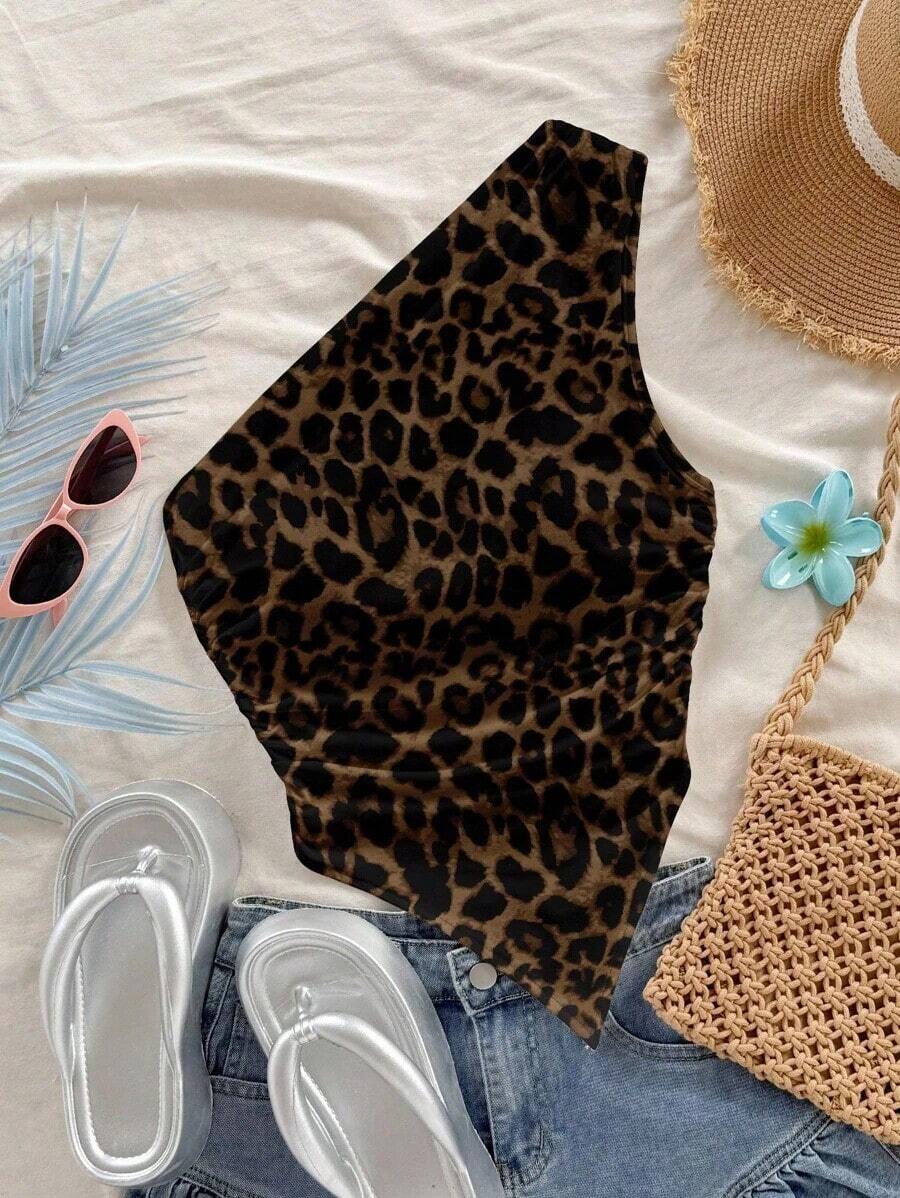 Top de bandeau asimétrico con estampado de leopardo y nudo, estilo playero, adecuado para el verano y la playa - Multicolor - Ver 1