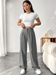 Pantalones De Corte Relajado Con Pierna Recta Plisada De Color Liso Para Mujer - Gris - Ver 5