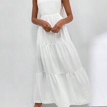 Solid Shirred Detail Ruffle Hem Dress Maxi Vacation Beach Outfits Women - Mostaza Amarilla - Ver 5