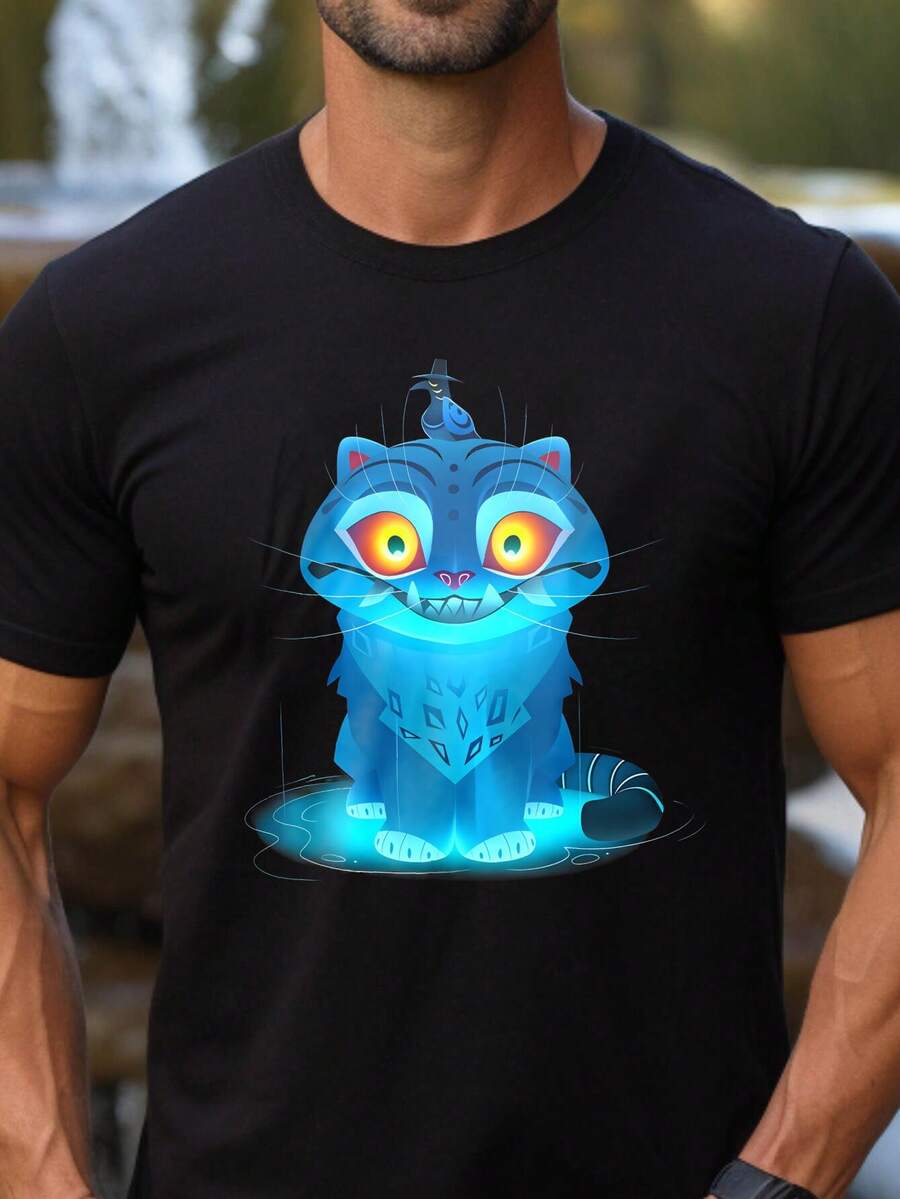 Funny Cartoon Cat Graphic T Shirt Unisex Polyester Short Sleeve Tee with Vibrant Blue & Orange Design, Perfect for Casual Wear, Running, and Outdoor Activities, Casual Wear Tee Playful Design - noir - Voir 1
