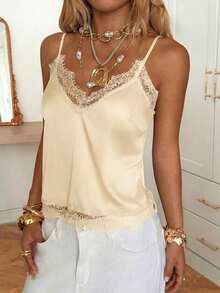 Camiseta de tirantes de mujer de verano, de unicolor con parches de encaje - Amarillo claro - Ver 3