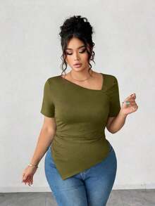 Camiseta de manga corta de cuello asimétrico para mujer talla grande, top ajustado versátil y elegante de alta gama, adecuado para primavera/verano - Verde militar - Ver 4