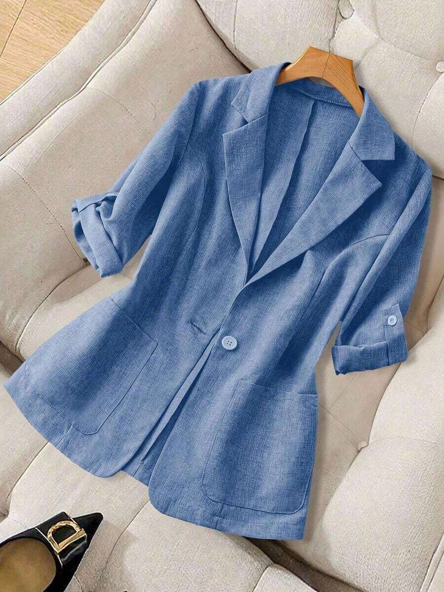 Chaqueta delgada de traje casual con bolsillo en la solapa y dobladillo de manga para mujer - Azul - Ver 1