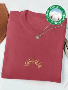 Women's Short Sleeve T-Shirt With Round Neck And Beach Sun Embroidery - 紅木色 - 查看 3
