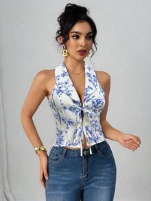 camisa sin mangas para ir al trabajo y de vacaciones con cuello vuelto, lazo y estampado floral 3D, color azul - Azul - Ver 3